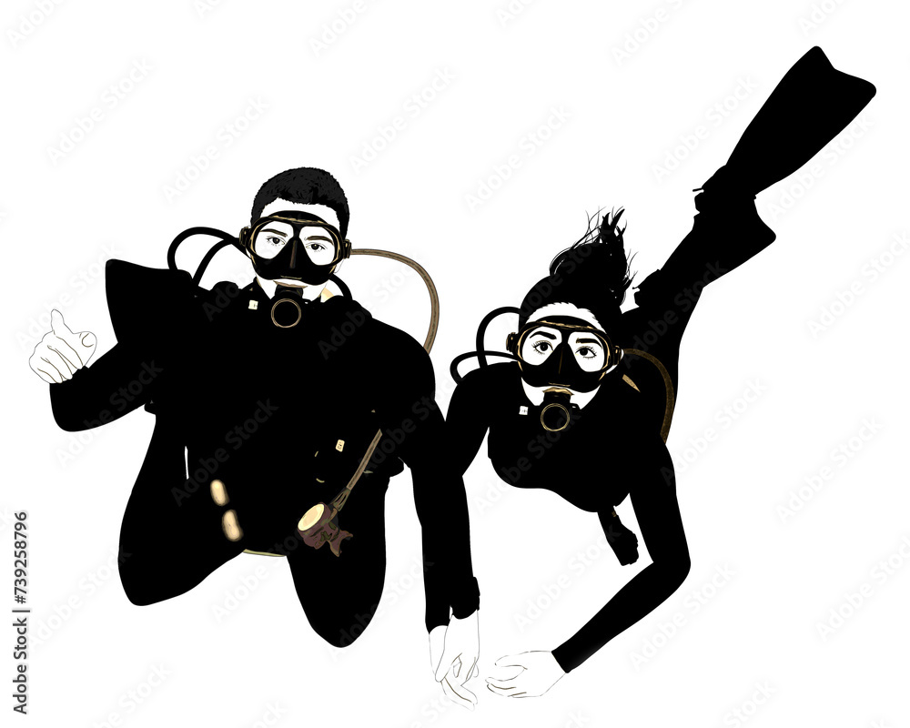 Black and white Scuba diver couple illustration