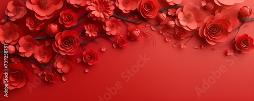 3d paper cut background. Abstract flowers in Chinese style. Concept for Lunar New Year holiday.