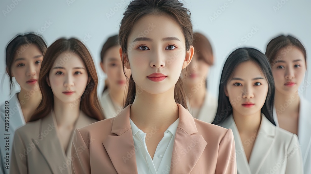 business team in powerful poses, wearing suits, showcases unity and professionalism a portrait of success in a modern office. Generative AI. business team in powerful poses, wearing suits, showcases unity and professionalism a portrait of success in a modern office. Generative AI.