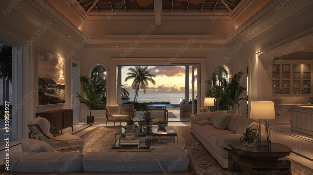 Specify the custom artwork and decor throughout the mansion, curated to complement the beachside aesthetic. Specify the custom artwork and decor throughout the mansion, curated to complement the beachside aesthetic.