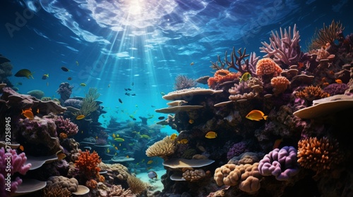 Vibrant coral reef teeming with colorful fish, intricate coral structures, clear blue water, showcasing the diversity and beauty of underwater ecosyst