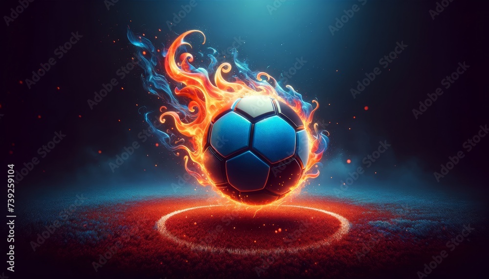 Fototapeta premium a soccer ball with a bright blue panel design engulfed in stylized orange flames