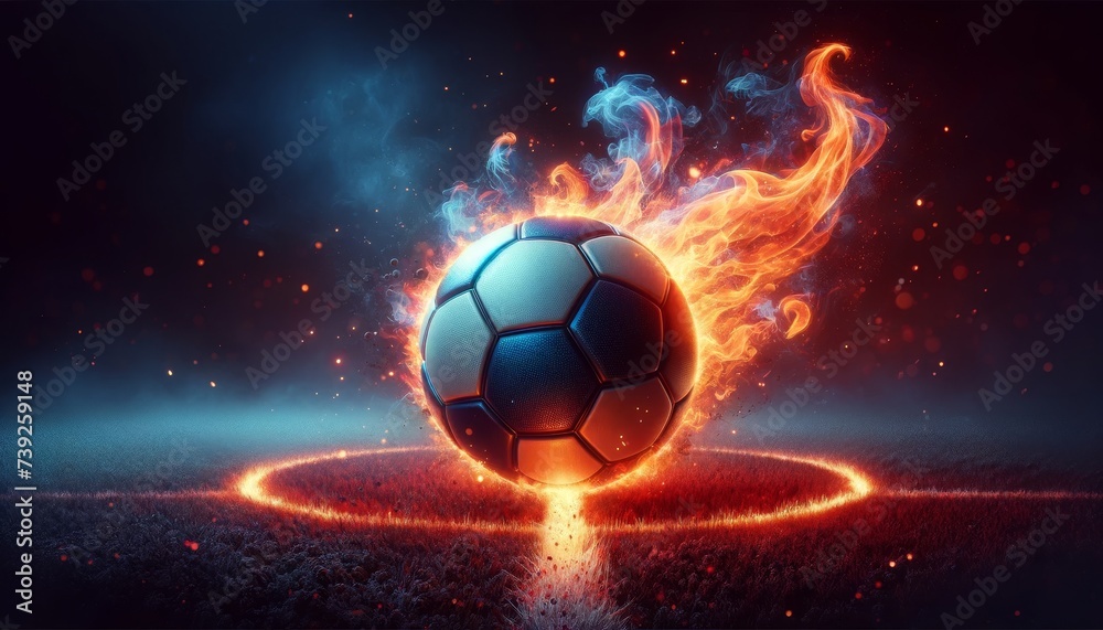 a soccer ball with a bright blue panel design engulfed in stylized orange flames