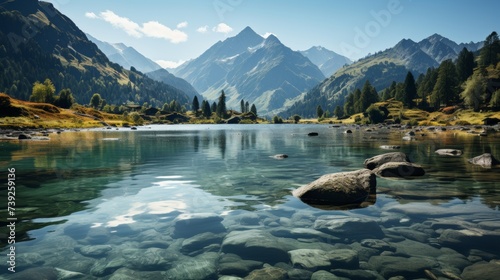Tranquil lake reflecting a perfect mirror image of mountains and sky, serene and symmetrical, capturing the beauty and calmness of natural reflections