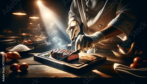 Chef Preparing Steak in a Rustic Kitchen