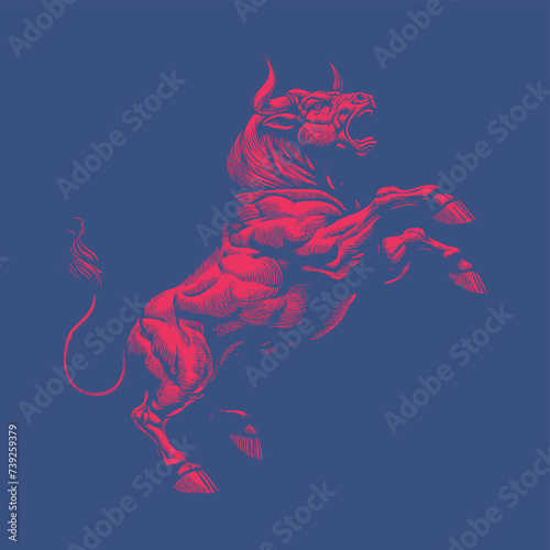Red stencil of exciting bull isolated on blue BG