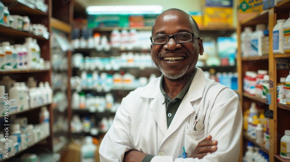 A happy black pharmacist stands with arms crossed, smiling warmly, amidst shelves of medicine in the background at the pharmacy