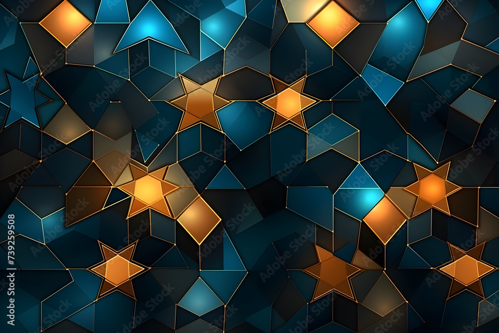 a stained glass pattern with blue and gold stars on a dark background - obrazy, fototapety, plakaty 