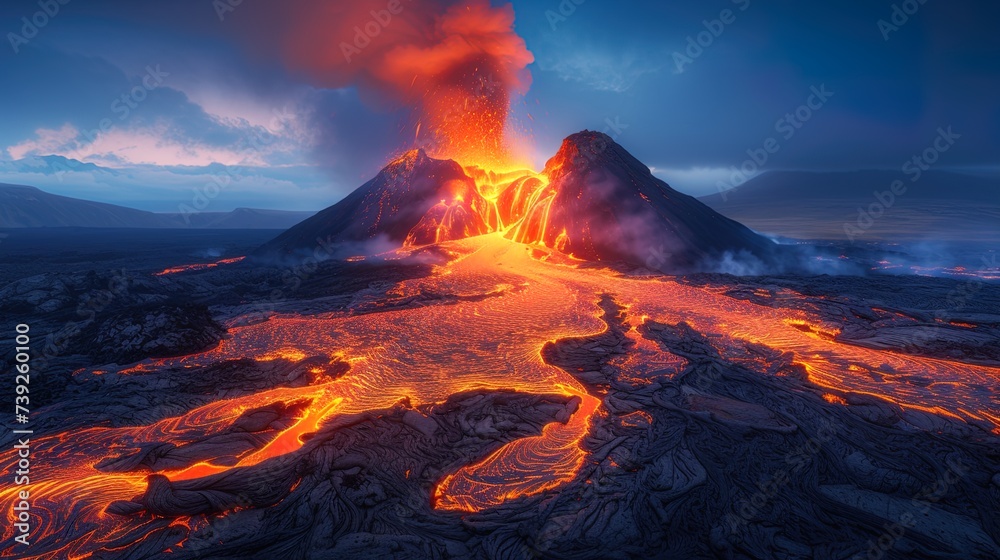 A breathtaking aerial view of a volcanic eruption, with plumes of ash and smoke billowing into the