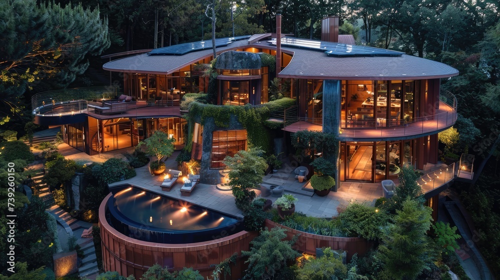 Obraz premium Detail the eco-friendly features of the mansion, such as solar panels or rainwater harvesting systems.