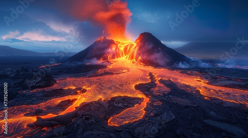 A breathtaking aerial view of a volcanic eruption, with plumes of ash and smoke billowing into the