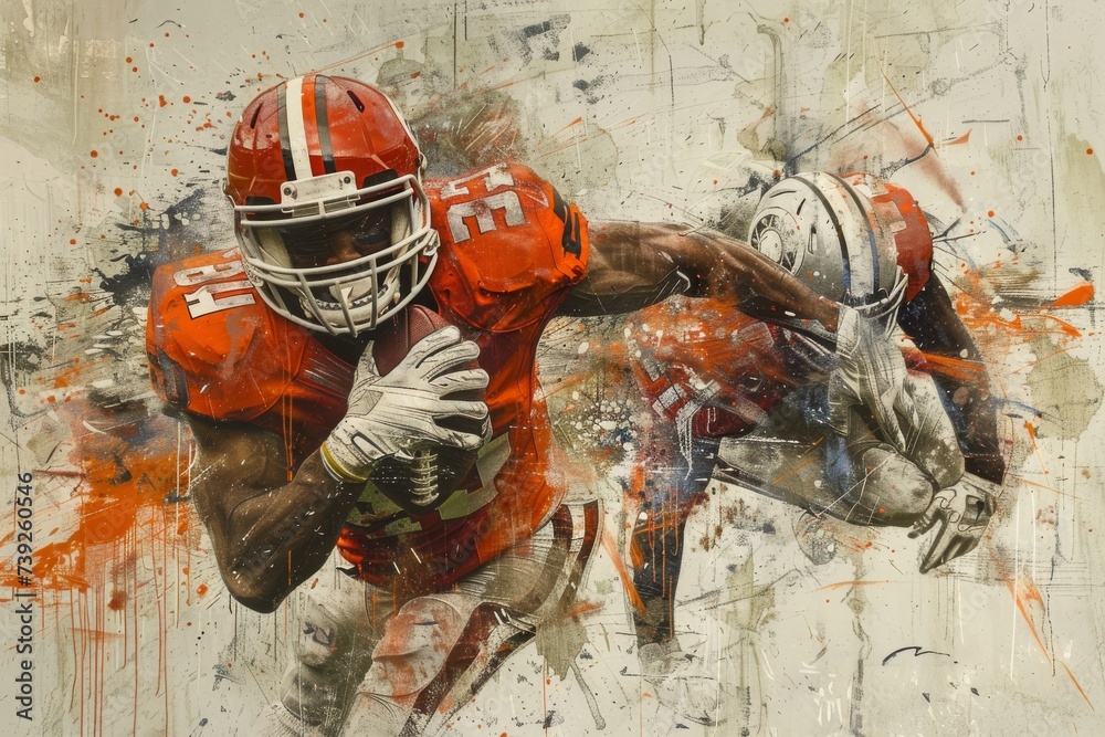 An intense American football player in motion, evoking energy and dynamism against a splattered paint backdrop.