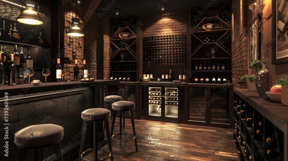 Design a sophisticated wine cellar or bar area where the owner can entertain guests with fine wines and cocktails.