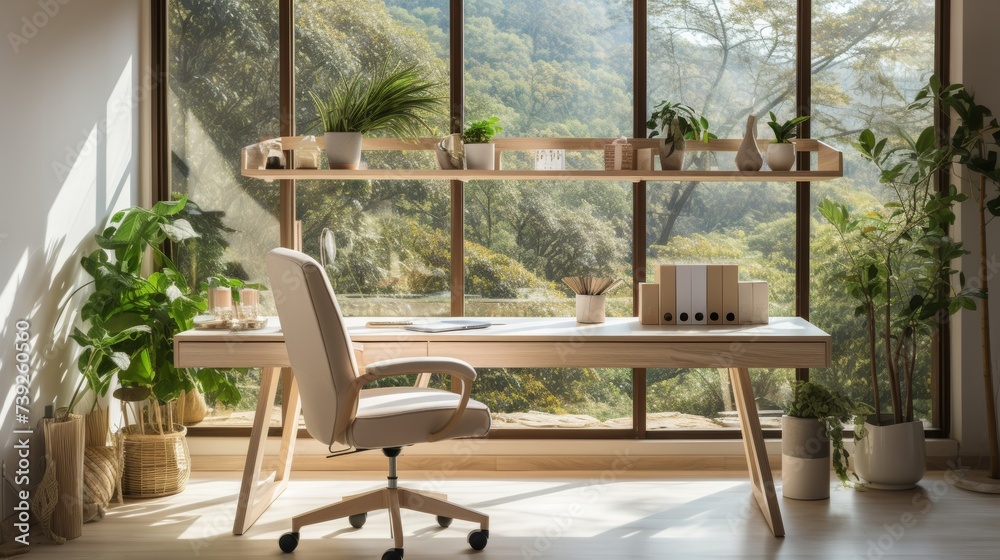 Office space with minimalist design, clean desk, ergonomic chair, and natural light, focusing on the productivity and clarity of a minimal workspace,