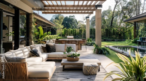 Design a stylish outdoor entertainment area, perfect for hosting glamorous parties or intimate gatherings.