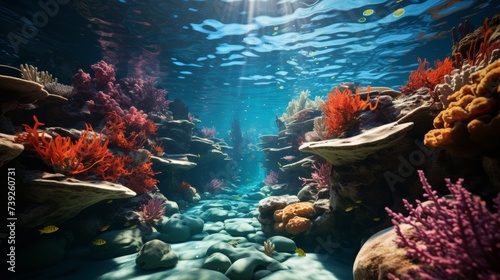 Sunlight filtering through the water onto a coral reef, highlighting the textures and colors of the corals, tranquil and pristine ocean environment, P