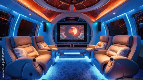 Design a high-tech home theater system with plush seating and surround sound for an immersive movie-watching experience.