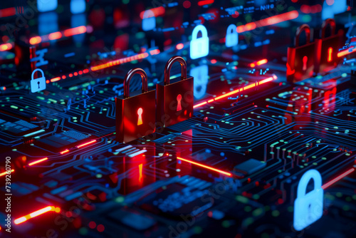 A visually compelling representation of cybersecurity, with illuminated locks on a circuit board symbolizing robust digital protection photo