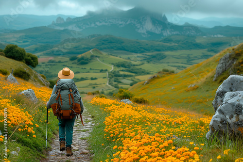 Walking towards serenity among mountains and flowers