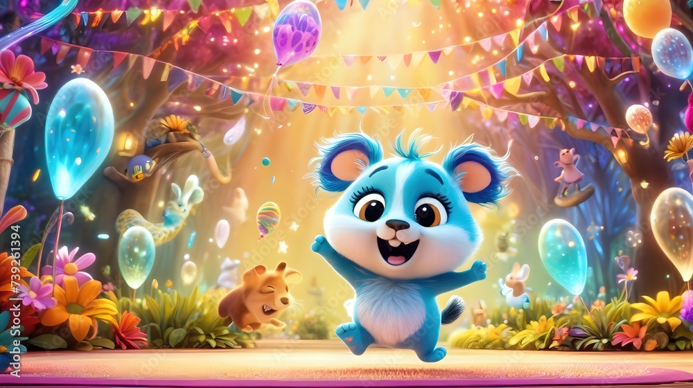 A cute animated animal doing a happy dance in a vibrant and magical setting. A cute animated animal doing a happy dance in a vibrant and magical setting.