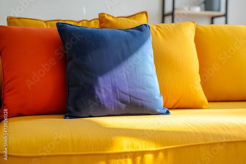 Sofa. Pillows or cushions. Soft colors. Guest or living room, dining room. Bedroom. Sunday morning activity. Relaxing. Modern. Yellow, purple, red