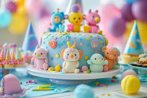 A delightfully whimsical cake featuring cute cartoon characters, vibrant icing swirls, and playful decorations. 