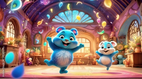 A cute animated animal doing a happy dance in a vibrant and magical setting.