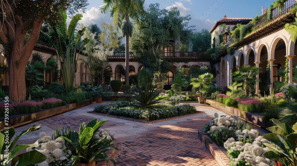 Obraz premium Create a lush garden or courtyard area within the mansion's grounds, complete with exotic flowers and plants.