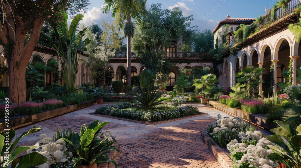 Create a lush garden or courtyard area within the mansion's grounds, complete with exotic flowers and plants.