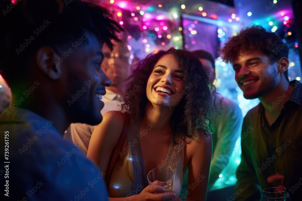 Portrait of cheerful girl with drink at party on background of her friends