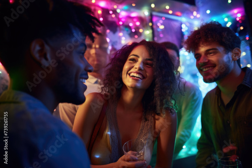 Portrait of cheerful girl with drink at party on background of her friends
