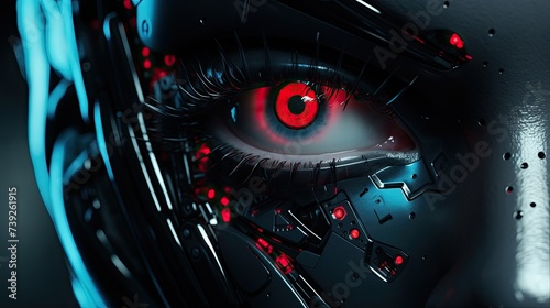 Close-up eye of evil skeleton robot in metal armor. Skull of futuristic cyborg. Technology, robotics, artificial intelligence and future concept.