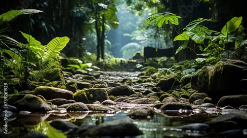 Sunlight filtering through the thick foliage of a tropical rainforest  vibrant flora and fauna  humid and alive with nature  Ts chorus  Photography  s