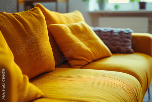 Sofa. Pillows or cushions. Soft colors. Guest or living room, dining room. Bedroom. Sunday morning activity. Relaxing. Modern. Yellow, purple, red © Lexxx20