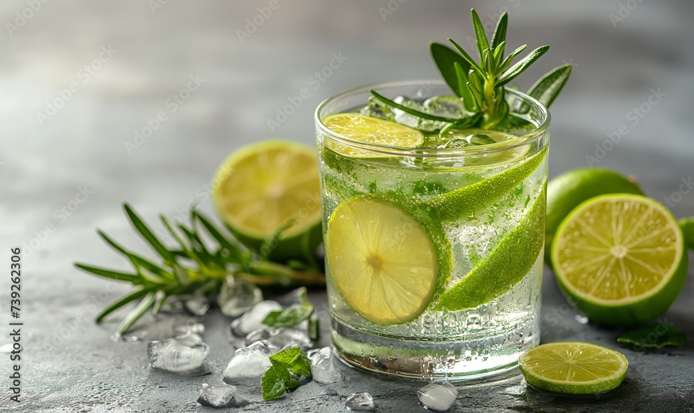Fototapeta premium Drink with lemon on the table in a transparent glass.