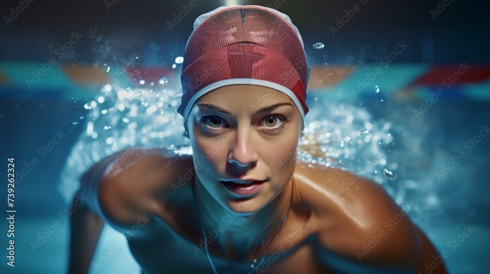 Close-up of a local professional swimmer, a woman wearing a protective hat swims in the pool during a competition. Sports, Healthy lifestyle, Championship, Hobby and Leisure concepts.
