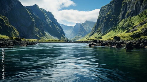 Majestic fjords with steep cliffs and deep blue waters, serene sky, conveying the tranquility and magnificence of glacially carved landscapes, Photore