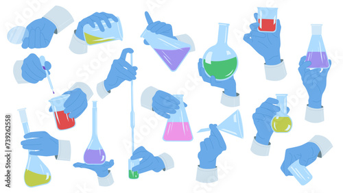 Hands of scientists holding laboratory test tubes and beakers set. Hands in blue gloves hold flasks with samples of chemical liquid for lab experiment, dropper, funnel cartoon vector illustration