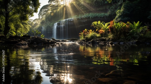 Vibrant rainbow arching over a cascading waterfall, lush greenery surrounding, mist in the air, showcasing the harmony and color of natural spectacles