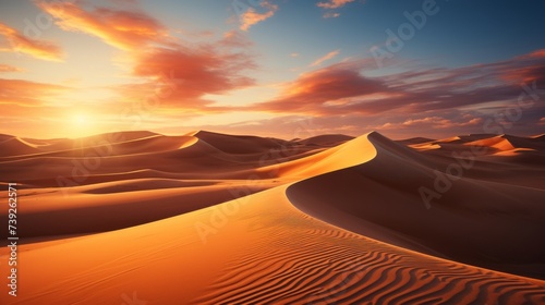 Sunset over a desert in an exotic country, vast sand dunes creating patterns, warm hues, capturing the harsh yet beautiful environment, Photography, l © ProVector
