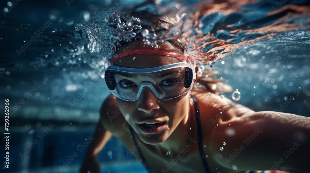 Close-up of a local professional swimmer, a woman wearing a protective hat and glasses swims in the pool during a competition. Sports, Healthy lifestyle, Championship, Hobby and Leisure concepts.