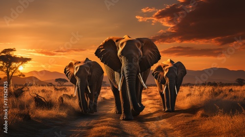 Herd of elephants walking across the African savannah at sunset, acacia trees and distant mountains, highlighting the majesty of wildlife in their nat