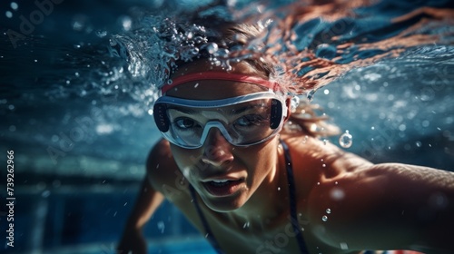 Close-up of a local professional swimmer, a woman wearing a protective hat and glasses swims in the pool during a competition. Sports, Healthy lifestyle, Championship, Hobby and Leisure concepts. © liliyabatyrova