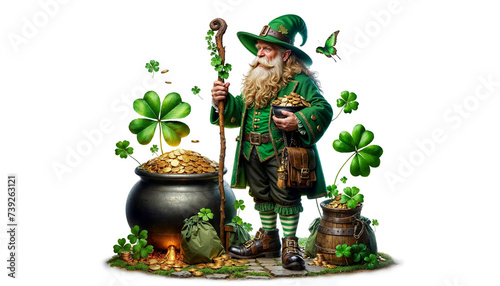 Whimsical leprechaun wizard in green attire stands by pot of gold, with clovers and butterfly around, symbolizing luck and St. Patrick's Day, isolated on white background