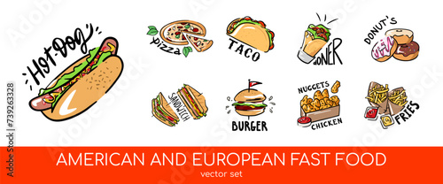 Vector set of American, European fast food