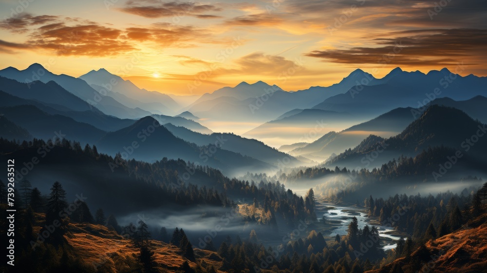 Majestic mountain range at sunrise, peaks illuminated by the first light, valleys shrouded in mist, a sense of grandeur and awe, Photography, panorami - obrazy, fototapety, plakaty 