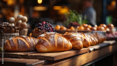 Organic bakery stall at a city market, assortment of bread and pastries, focus on the artisanal and homemade aspect, Photorealistic, bakery stall phot
