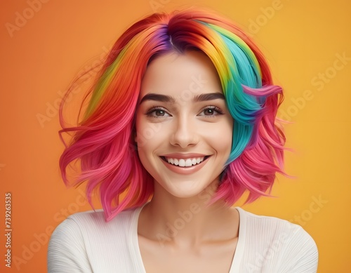A woman with vibrant purple hair is smiling into the camera, showcasing her colorful rainbow locks and joyful expression