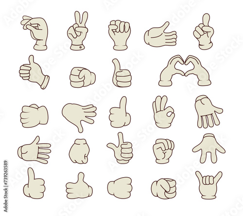 Set and collection of hands in different positions of comic character. Groovy design. Hippie and 70s style elements. Cute and fun character. Vector. Glove. Sticker pack. High five. Vintage mascot