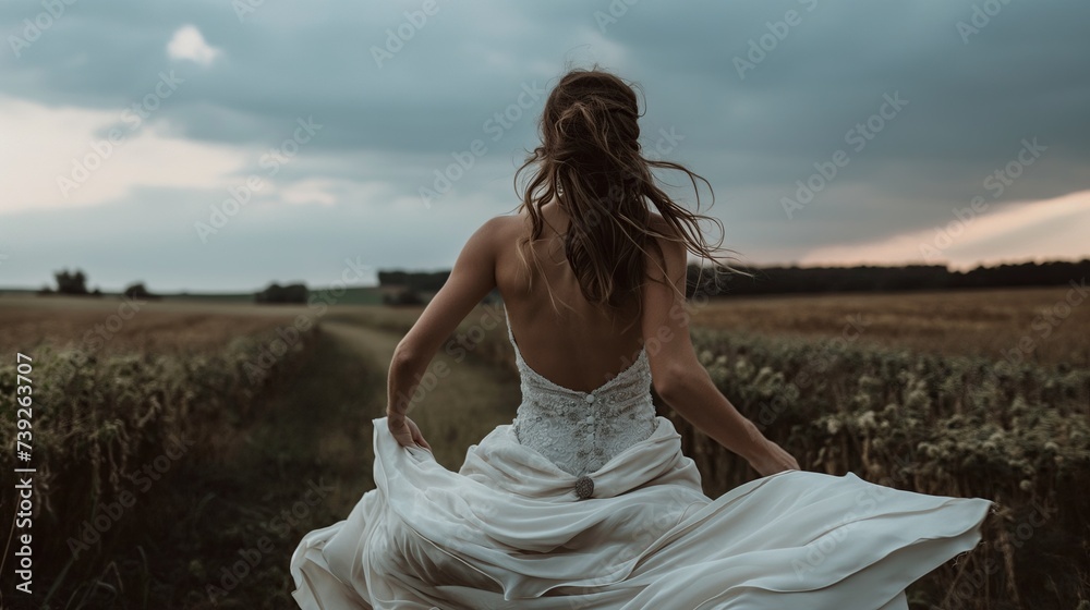 A bride in a wedding dress runs away from the wedding
